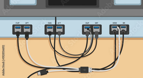 Multiple Electrical Outlets with Connected Cables.