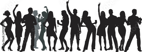 Black silhouette illustration of twelve people dancing and celebrating at party, lively social gathering concept with drinks, photos, festive atmosphere, and stock imagery use.