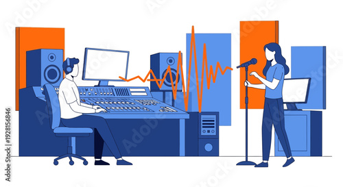 Recording Studio Engineer and Singer Working.