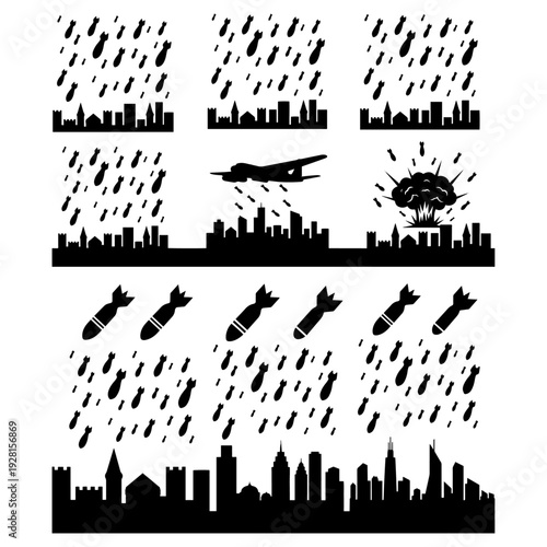 War Destruction in Big City Silhouette Urban Conflict Concept