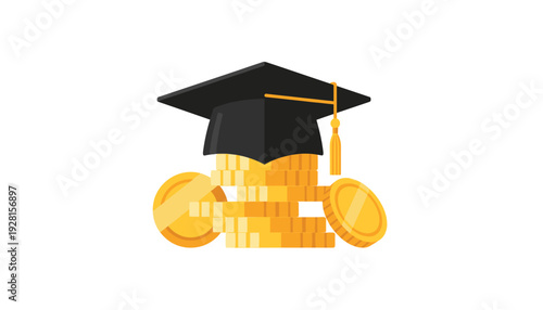 Graduation cap on pile of gold coins symbolizing education investment