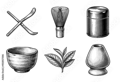 Traditional Japanese matcha tea ceremony set featuring bamboo whisk scoop bowl and ceramic accessories in vintage woodcut engraving style