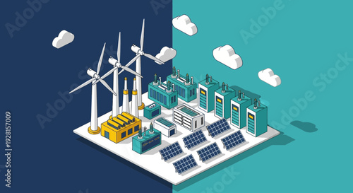 Sustainable Energy Concept with Wind Turbines and Solar Panels.