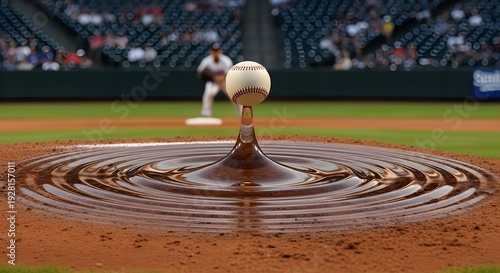 Baseball suspended over water ripple on baseball field