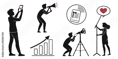 Illustration of various professions and activities related to media and communication Vector