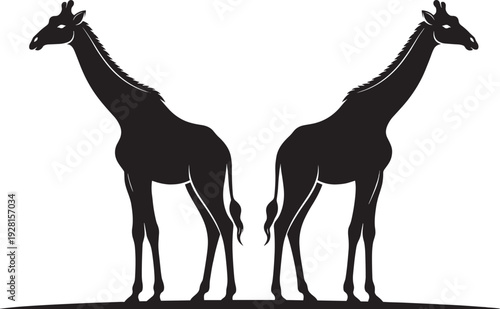 Black silhouette illustration of two giraffes standing back-to-back, symmetrical wildlife design emphasizing animal posture, minimalistic nature concept for education, art, and stock imagery use.