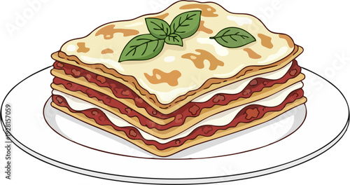 Single Serving Lasagna Slice on Round Plate with Basil — Warm Cartoon Food