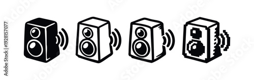 Isometric Speaker Icon Collection: Sound System Visuals in Solid, Outline, Hand-Drawn, and Pixel Art Styles
