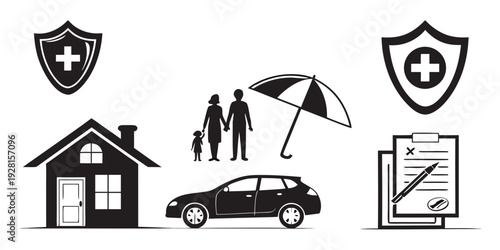 Illustration of various insurance types including home, auto, and health. Vector
