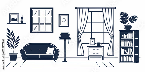 A cozy living room with plants and a comfortable couch. Vector