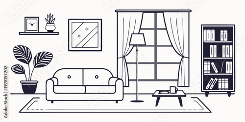 A cozy living room with a large window and bookshelves filled with books Vector