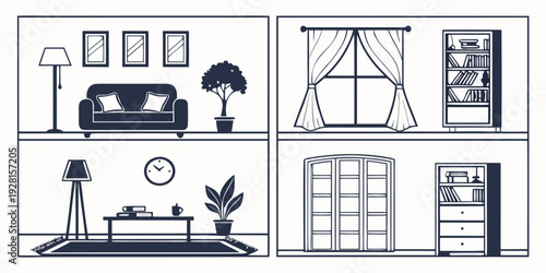 A diverse collection of interior design styles and furniture arrangements in various rooms Vector