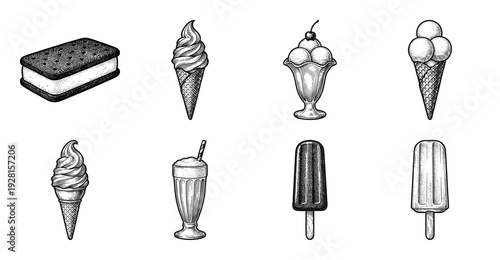 Vintage engraving style collection of assorted ice cream desserts featuring cones, sundaes, sandwiches, and popsicles in a detailed black and white line art aesthetic.