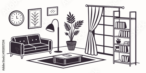 A cozy living room with a fireplace, bookshelves, and a potted plant. Vector
