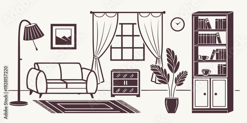 A cozy living room with a couch, lamp, and bookshelf. Vector