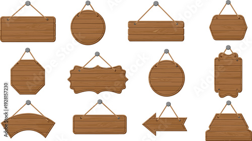 Wooden hanging signboard vector collection with rustic blank wood plaques for shop, cafe, and vintage label design