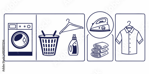 Laundry day essentials: washing machine, basket, detergent, and drying clothes Vector