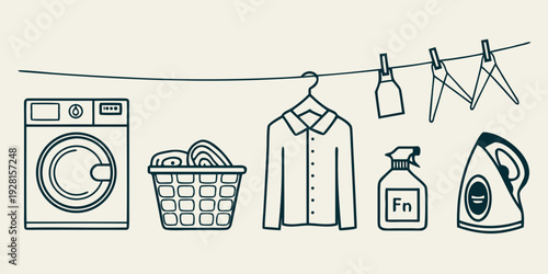 A variety of laundry essentials hanging on a clothesline, including a basket, detergent, and a dryer. Vector