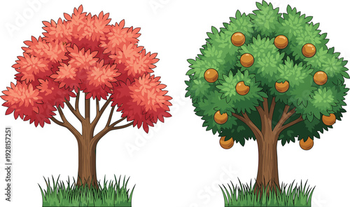 Cartoon illustration of two stylized trees with red foliage and fruit tree isolated on white background vector design
