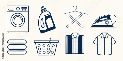 Illustrations of various laundry and ironing items arranged in a row. Vector