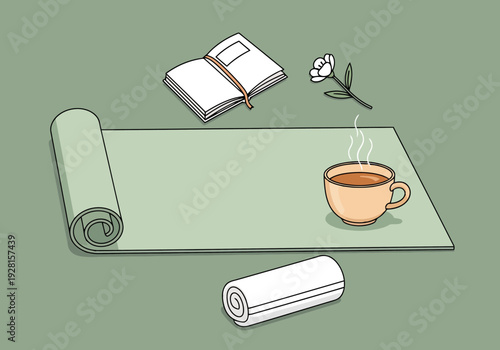Relaxation scene with yoga mat open book hot beverage and flower on plain background calm moment preparation for mindfulness practice