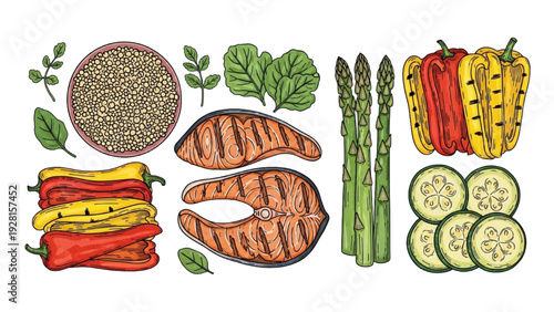 High-quality black outline colorful art of vibrant fresh food flat lay composition for blogs and advertising
