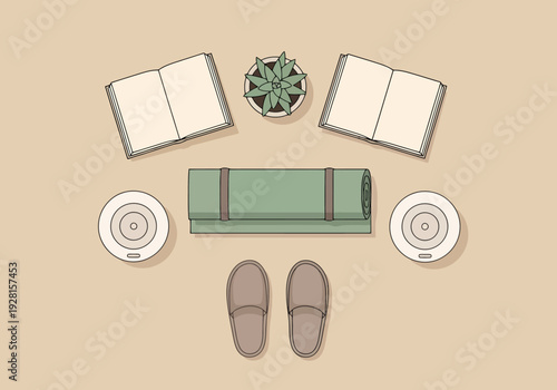 Top down view of a yoga mat with slippers books plant and coasters arranged for relaxation and mindful activity