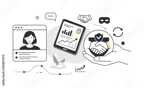 Modern minimal flat vector conceptual collage, crisp hard edges, consistent THIN outline stroke, rounded corners where needed,