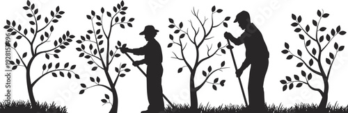 Two Silhouetted Figures Tending to Trees in a Garden Setting with Shovels and Hats people