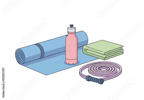 Wellness equipment for a training session at home or gym including a mat water bottle towel and jump rope for healthy lifestyle concept