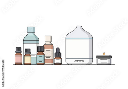 Collection of Essential Oil Bottles and Aroma Diffuser for Home Wellness and Aromatherapy Treatment Arrangement