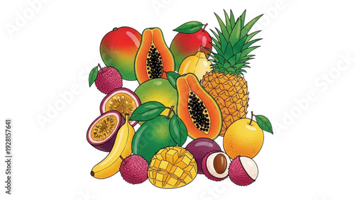 High-quality black outline colorful art of tropical fruits arranged in vibrant flat lay composition
