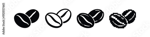 Detailed Coffee Bean Icon Collection: Solid, Outline, Sketch, and Pixel Art Variations for Beverages