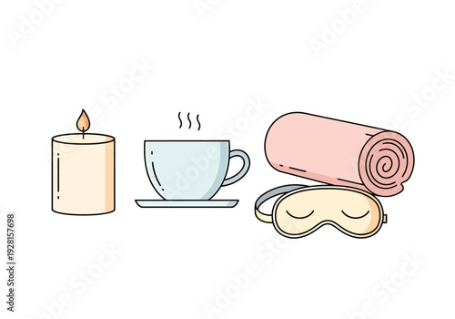 Self Care Relaxation Concept Represented By Candle Warm Drink Rolled Towel And Sleep Mask Items For Wellness And Comfort