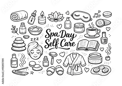 Calming spa day self care, hand drawn doodle elements set, center hand-lettered title, black & white vector line art, bold clean