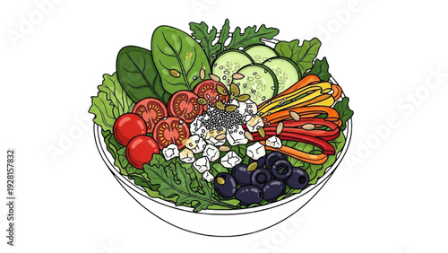 High-quality black outline colorful art of vibrant salad bowl with mixed greens, seeds and colorful toppings, clean advertising layout