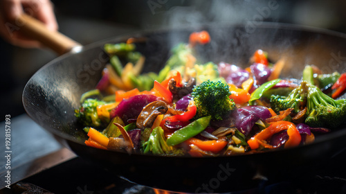 Colorful Vegetable Stir-fry Cooking in Wok with Steam