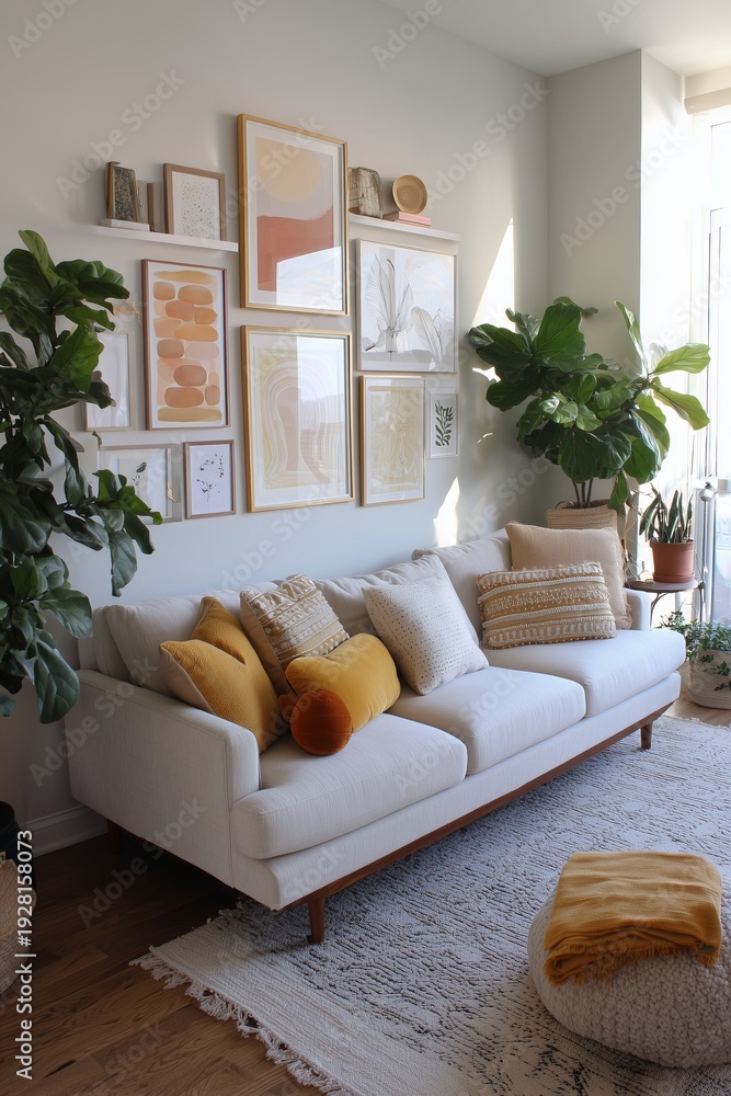 Naklejka premium Scandi-boho interior with pale wooden flooring and neutral-toned sofa accented by mustard cushions. A soft abstract gallery wall and a tall fiddle-leaf fig plant round out the tranquil, lived-in look.