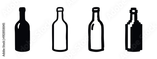 Wine Bottle Icon Set: Versatile Designs in Solid, Outline, Hand-Drawn, and Pixel Art Styles