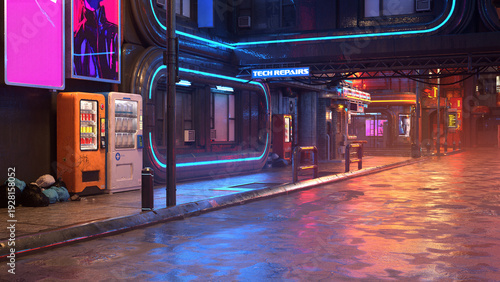 Futuristic cyberpunk city street at night. 3D rendered illustration.