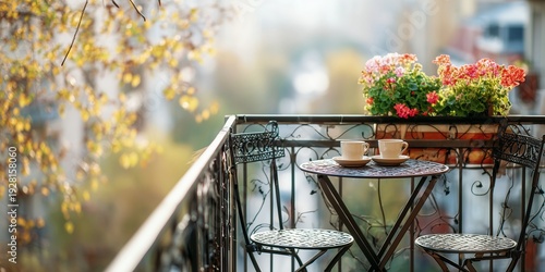 A narrow balcony with wrought iron railing holds a tiny round table set for two with coffee cups and potted geraniums. Rooftops stretch in soft blur beyond the rail in spring sunlight.