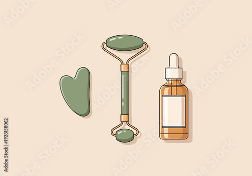 Essential facial beauty tools including a jade roller gua sha stone and serum bottle for skincare and wellness routines