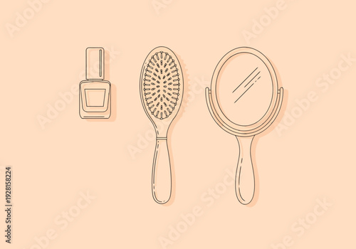 Outline icons of personal grooming items including nail polish bottle hairbrush and hand mirror on simple background