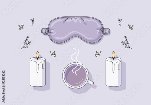 Relaxation sleep mask with lavender tea and candles for serene rest and wellness