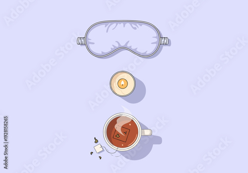Peaceful relaxation objects laid out including an eye mask a lit candle and a cup of tea with sugar cubes on a soft blue background representing rest