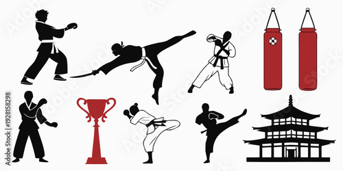 Martial arts practitioners performing various techniques and poses with trophies and candles Vector