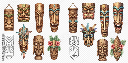 Set of various traditional Polynesian and Hawaiian tiki masks, carved wooden idols with different expressions and decorations, vector illustration.