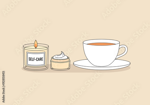 Cozy Self Care Moment With Aromatic Candle And Hot Beverage On A Neutral Background For Relaxation Lifestyle Concepts