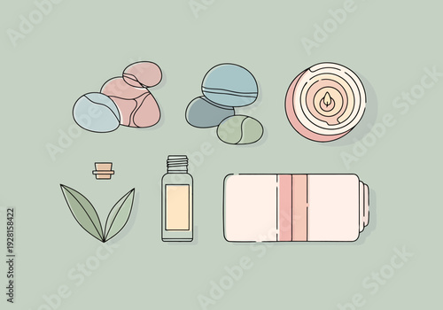 Serene Spa Relaxation And Wellness Elements Meditation Aromatherapy And Towel Arrange For Calm And Peaceful Scene In Pastel Shades On Pale Green