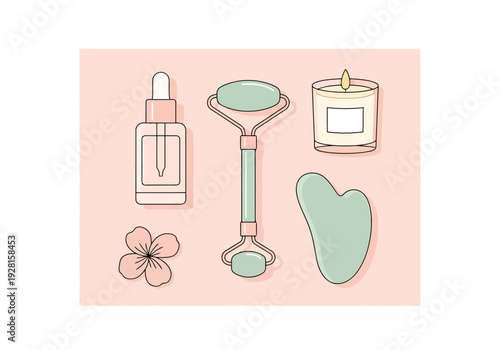 Essential beauty tools for facial skincare spa ritual including serum bottle roller tool candle and massaging stone on soft pink background for
